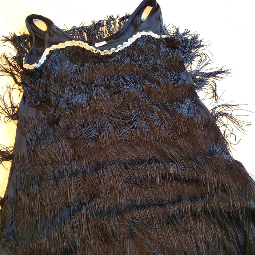 Tiered Fringe fancy scoop neck Dress Can Be Flapper Or Western, Black Sz Large - Picture 4 of 7
